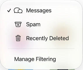 Apple 공식 iPhone 메시지 예시의 Messages·Spam·Recently Deleted 필터 메뉴