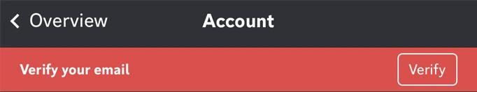 Discord 공식 모바일 Account 화면 상단 Verify your email 배너와 Verify 버튼
