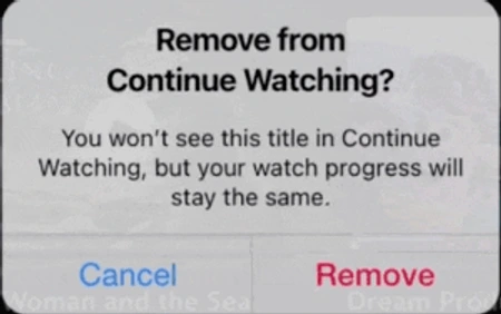 Disney+ 이어보기에서 제거 확인창의 Cancel과 Remove 버튼