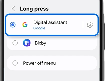 갤럭시 측면 버튼 Long press 설정의 Digital assistant Google 선택 예시