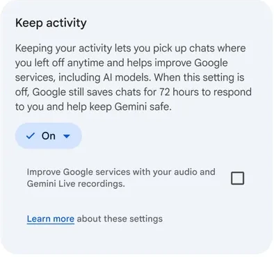 Google 공식 Gemini 예시의 Keep activity 사용 상태와 오디오·Live 녹음 개선 사용 선택 항목
