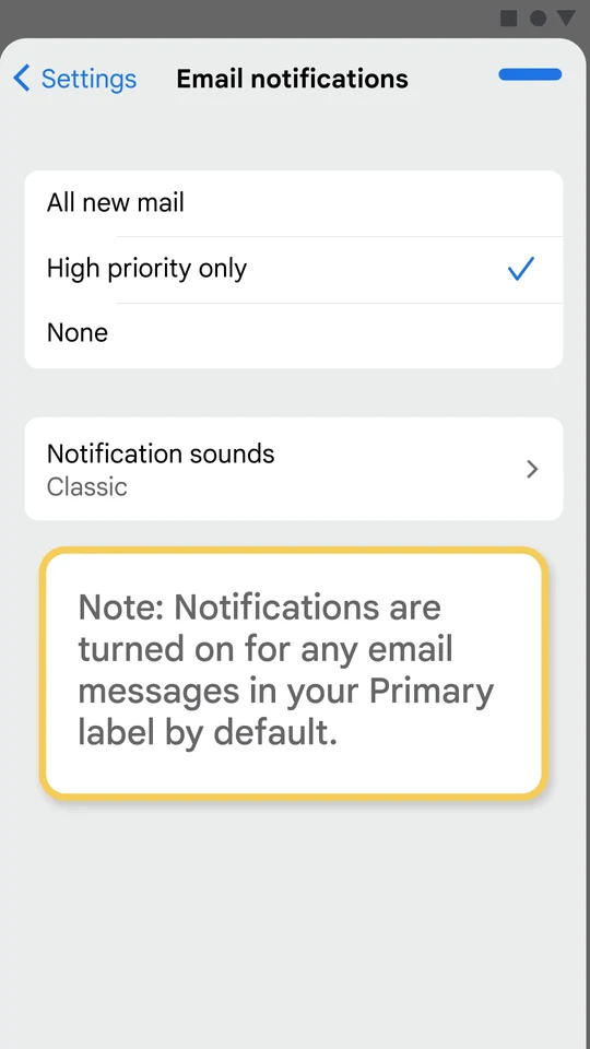 Gmail iPhone 공식 예시의 이메일 알림 화면에서 모든 새 메일·높은 우선순위만·없음 선택 항목