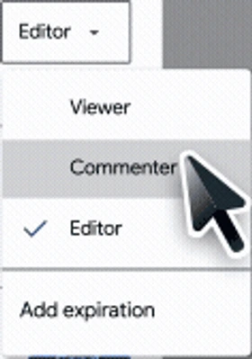 Google Drive 개별 공유 역할 메뉴의 Viewer·Commenter·Editor 선택지