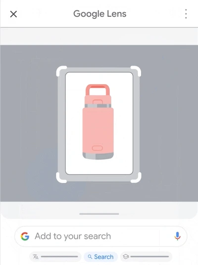 Google 렌즈에서 물병 주변 선택 영역과 Add to your search 입력란을 보여주는 공식 예시