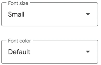 Google Meet Customize your captions의 Font size와 Font color 선택 항목