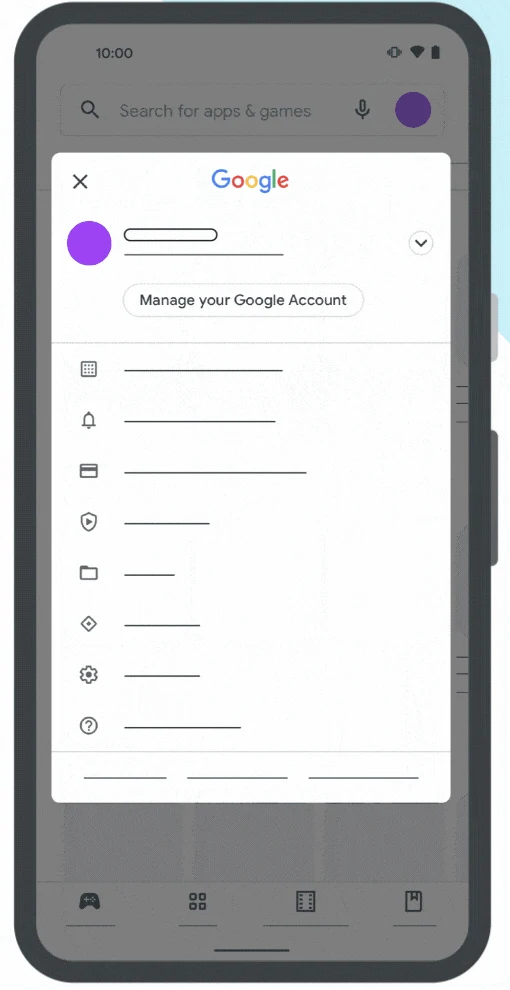 Google Play 공식 예시에서 프로필 메뉴의 계정 이름 옆 아래 화살표 위치
