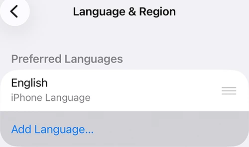 iPhone 언어 및 지역의 기본 언어 목록과 Add Language 버튼 Apple 공식 예시
