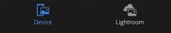 Lightroom 공식 iPhone 예시의 Device 탭과 Lightroom 라이브러리 탭