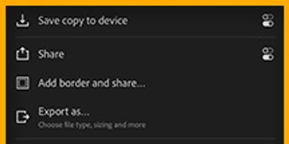 Adobe 공식 모바일 공유 메뉴의 Save copy to device, Share, Add border and share, Export as 선택지