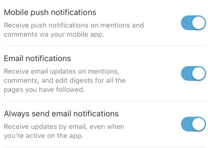 Notion 공식 모바일 예시의 Mobile push notifications와 이메일 알림 옵션