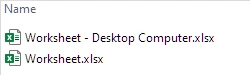 Microsoft 공식 OneDrive 예시의 Worksheet - Desktop Computer.xlsx와 Worksheet.xlsx 파일명 비교