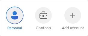 Microsoft 공식 OneDrive 모바일의 Personal 개인 계정과 Contoso 회사 계정 전환 예시