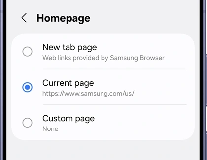 삼성 브라우저 공식 Homepage 설정 예시의 New tab page, Current page, Custom page 선택지