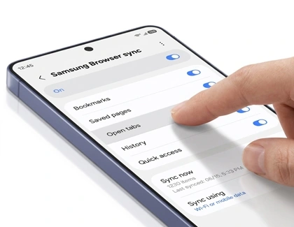 삼성 공식 Galaxy S26 브라우저 동기화 화면의 Open tabs와 Sync now 설정