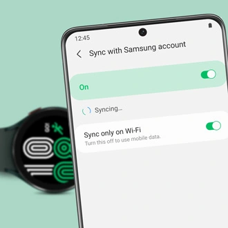 삼성 헬스 공식 동기화 예시의 Sync with Samsung account 화면, 켜짐과 Syncing 표시