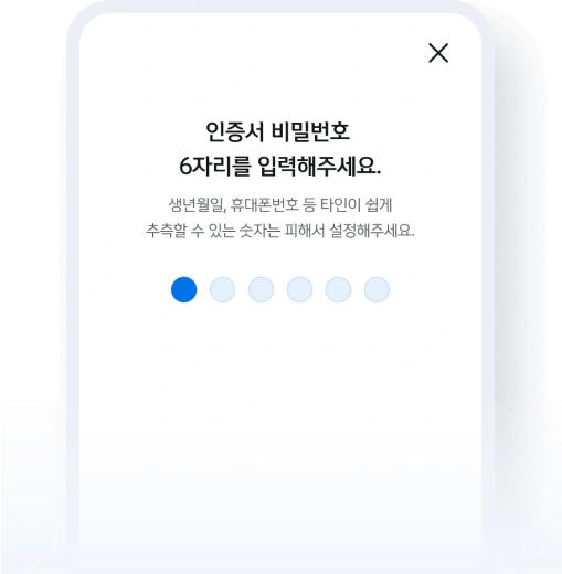 신한인증서 공식 이용안내의 인증서 비밀번호 6자리 설정 예시