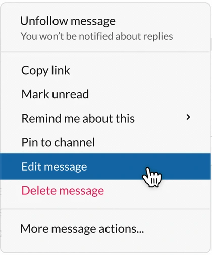 Slack 공식 메시지 메뉴에서 파란색으로 선택된 Edit message와 별도 Delete message 항목