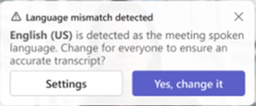Teams Language mismatch detected 알림과 Settings·Yes change it 버튼