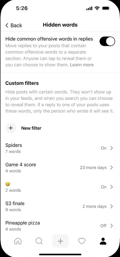 Threads 공식 숨긴 단어 예시의 Custom filters 목록과 필터별 On·Off 및 남은 적용 시간