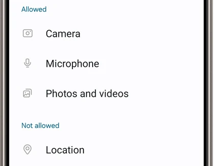 삼성 공식 Android 앱 권한 예시의 Camera, Microphone, Photos and videos 항목