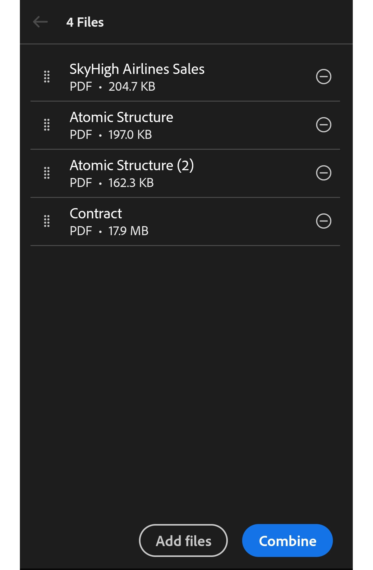 Adobe Acrobat Android PDF 결합 예시에서 파일별 순서 변경 핸들, 제거 버튼, 아래쪽 Combine 버튼이 보이는 화면