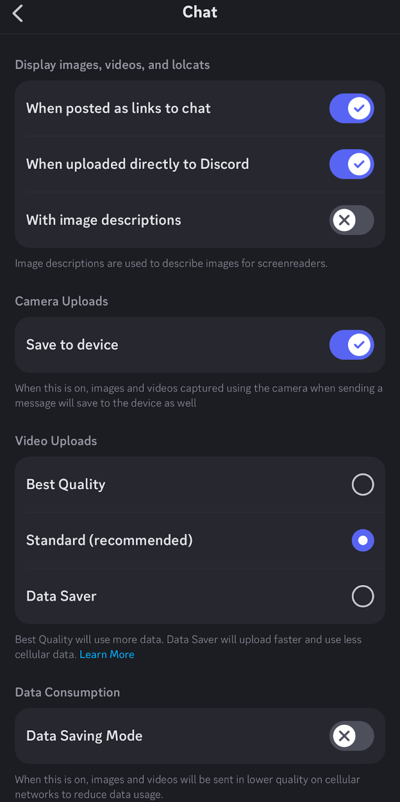 디스코드 공식 도움말의 모바일 Chat 설정 화면으로 Video Uploads의 Data Saver와 Data Saving Mode가 보입니다.