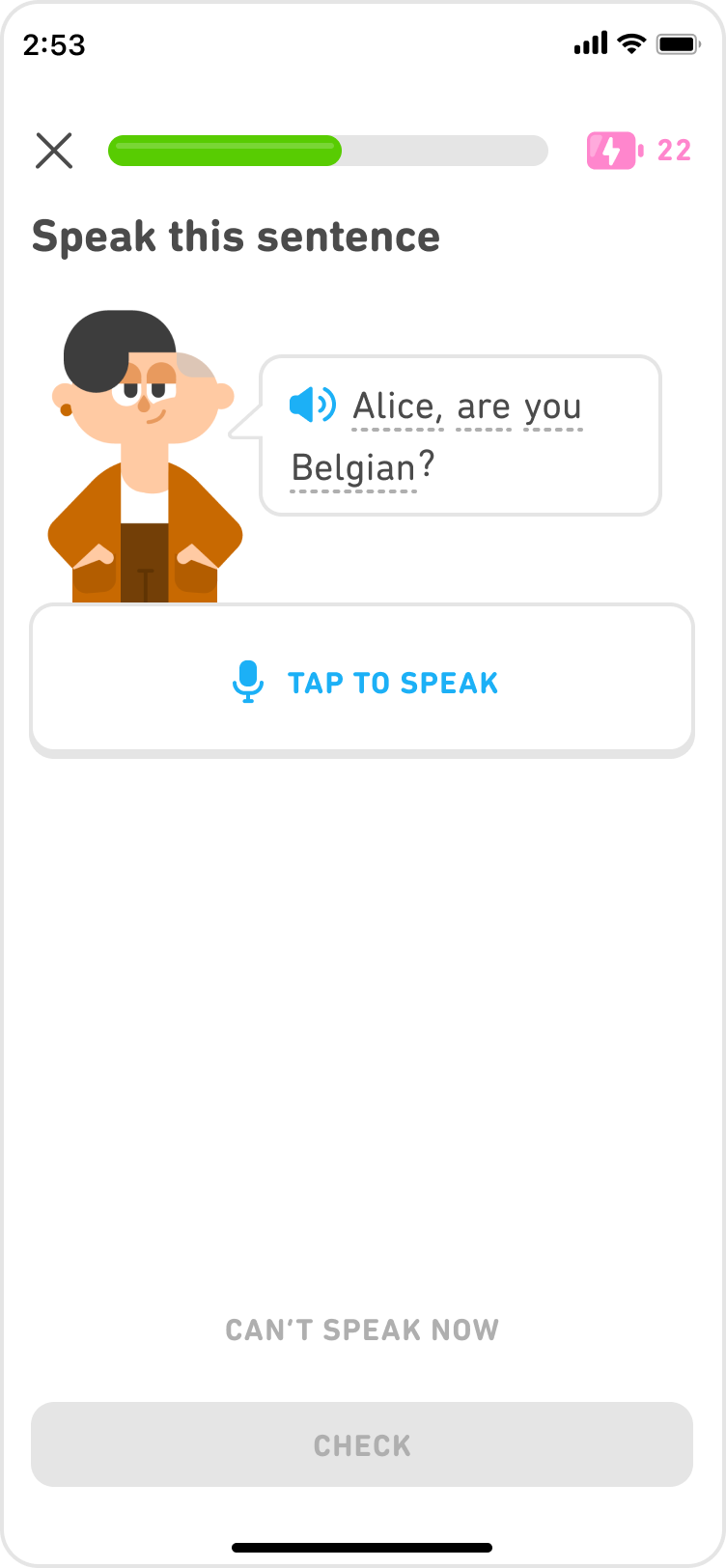 듀오링고 말하기 문제 화면의 Tap to speak 마이크 버튼과 Can't speak now 선택지