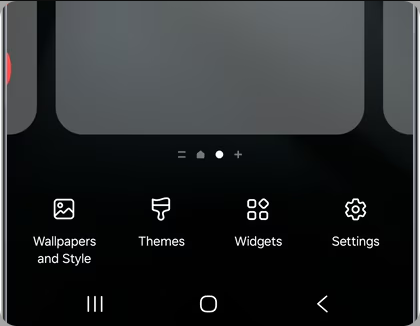 삼성 갤럭시 홈 화면 편집 메뉴의 Widgets 버튼 위치를 보여주는 공식 예시