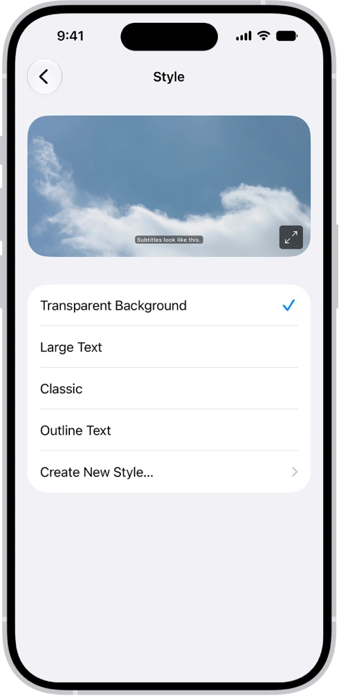 Apple 공식 iPhone 자막 스타일 화면의 Large Text·Classic·Outline Text·Create New Style 선택 예시