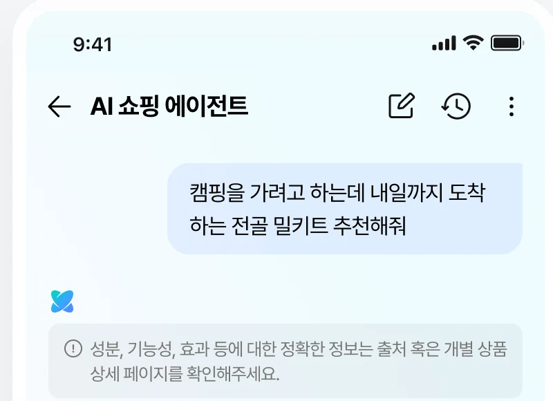 네이버 공식 AI 쇼핑 에이전트 화면에서 캠핑 목적과 내일까지 도착 조건을 함께 질문한 예시