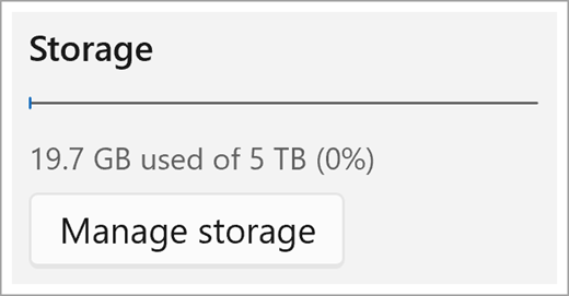 OneDrive 저장소 사용량 아래에 Manage storage 버튼이 보이는 Microsoft 공식 화면 예시