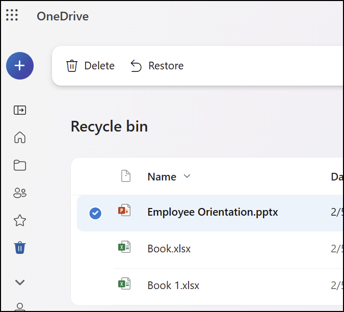 OneDrive 웹 휴지통에서 파일을 선택한 뒤 상단 Restore 복원 버튼을 누르는 공식 예시
