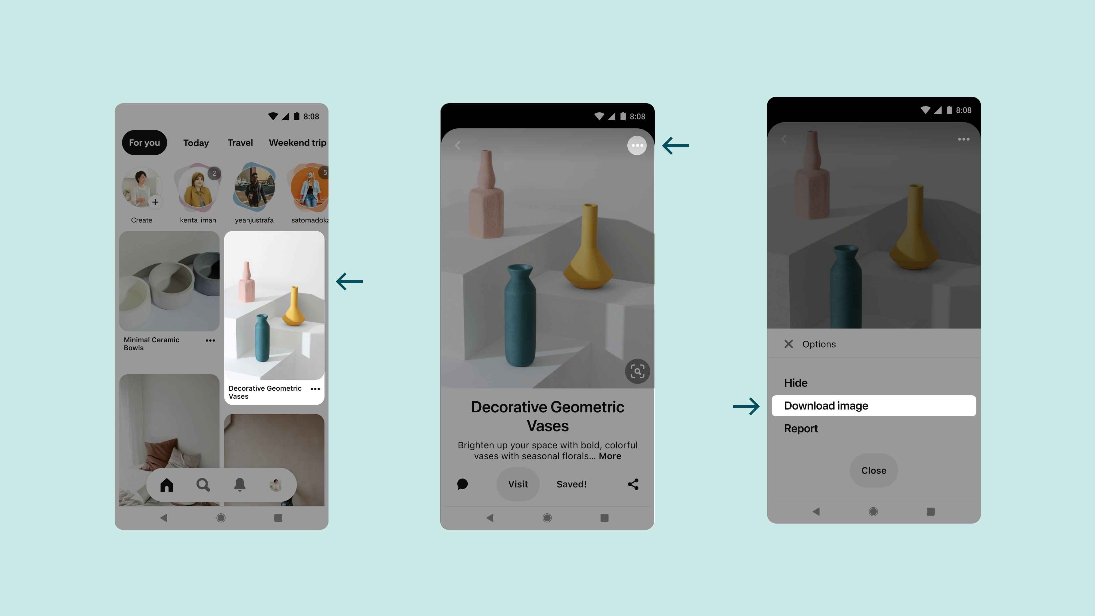 Pinterest Android 공식 예시: 핀을 열어 말줄임표 메뉴에서 Download image를 선택하는 세 단계