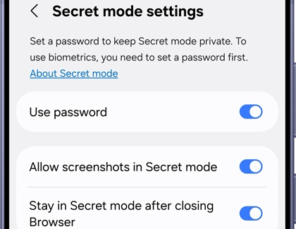 삼성 인터넷 비밀 모드 설정에서 Use password 비밀번호 사용 토글이 보이는 공식 예시 화면