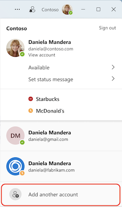 Microsoft Teams 데스크톱 프로필 메뉴 하단의 Add another account 항목을 표시한 공식 예시