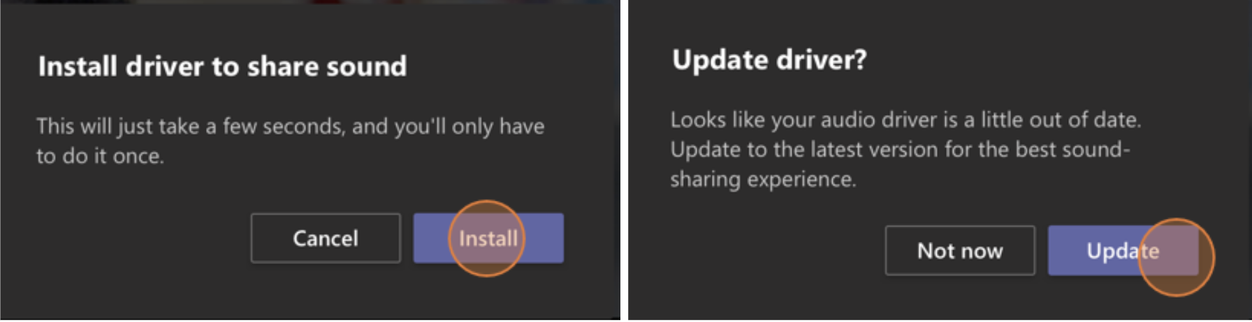 Microsoft Teams의 Mac 화면 소리 공유용 드라이버 설치 또는 업데이트 안내 창 예시