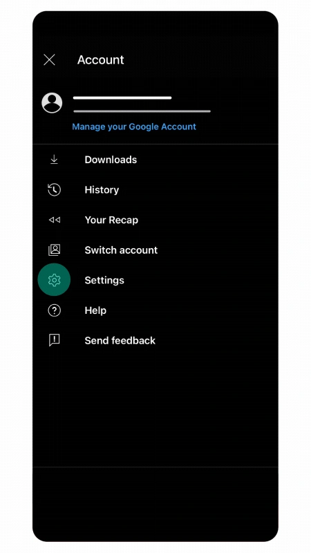 Google 공식 YouTube Music 안내 예시의 계정 메뉴와 Switch account·Settings 항목