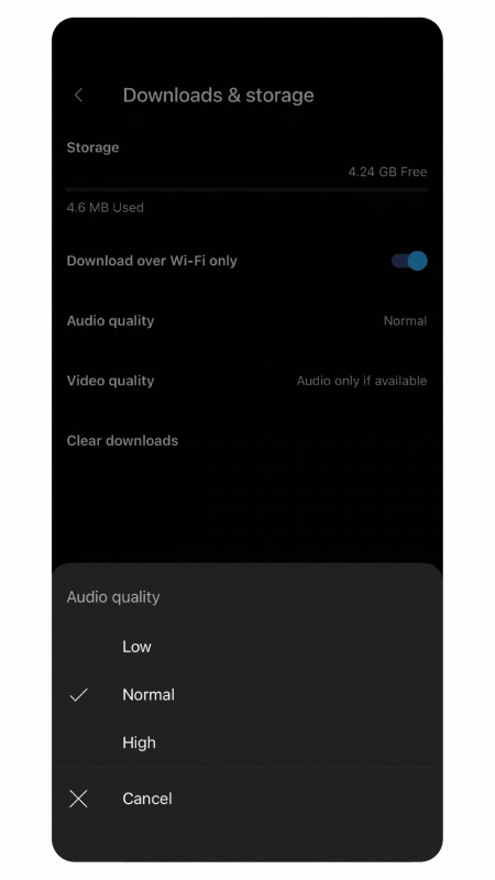 Google 공식 YouTube Music 오프라인 Audio quality 예시의 Low Normal High와 Normal 선택 표시