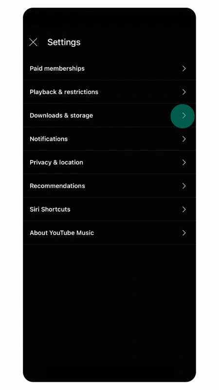 Google 공식 예시의 YouTube Music Settings에서 Downloads & storage로 이동하는 화면